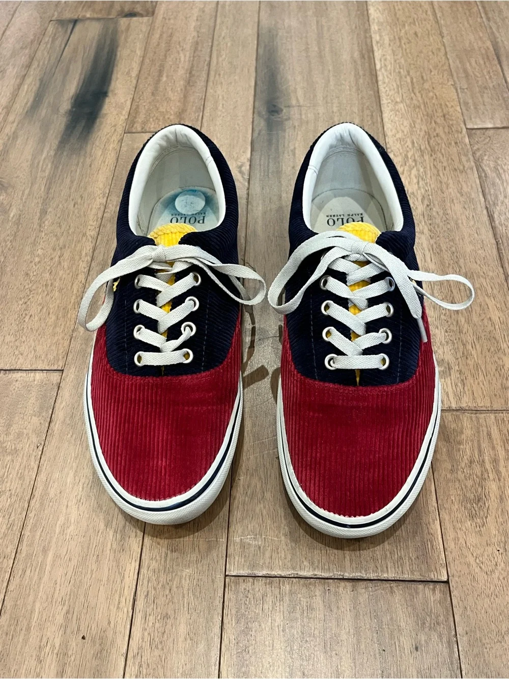 Polo by Ralph Lauren Red and Navy Corduroy Lace-Up Sneakers with Yellow Accents
